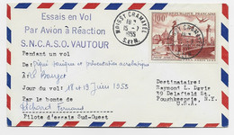FRANCE PA 100FR CITT SEUL LETTRE COVER AVION MOISSY 15.7.1955 POUR USA ESSAI EN VOL AVION REACTION + PILOTE - Luchtpost