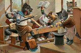 Chat Humanisé * CPA Illustrateur Arthur THIELE Thiele * La Classe * école écoliers School Enfants * Chats Cat Cats Katze - Chats