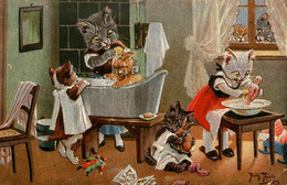 Chat Humanisé * CPA Illustrateur Arthur THIELE Thiele * Le Bain ! * Enfants Mousse Poupée Doll * Chats Cat Cats Katze - Gatos