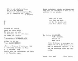 Doodsprentje Walgraef Clementina   	20-09-1903 Wieze	12-12-1979 Aalst	Weduwe Van Frans Van Essche - Todesanzeige