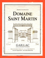 étiquette De Vin Gaillac Domaine Saint Martin 1988 Caves à Rabastens - 75 Cl - Gaillac