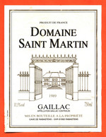 étiquette De Vin Gaillac Domaine Saint Martin 1989 Caves à Rabastens - 75 Cl - Gaillac