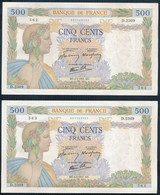 °°° FRANCE - 500 FRANCS 6/2/1941 CONSECUTIVE °°° - 500 F 1940-1944 ''La Paix''