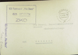 Orts-Brief Mit ZKD-Kastenst. "VEB Plattenwerk "Max Dietel" 825 MEISSEN" 1.9.66 An VEB Staatl. Porzellanmanufaktur Meißen - Centrale Postdienst