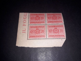 01AL27 REGNO D'ITALIA LUOGOTENENZA 1945 SEGNATASSE NUOVO STEMMA QUARTINA 20 CENT. "XX" - Postage Due