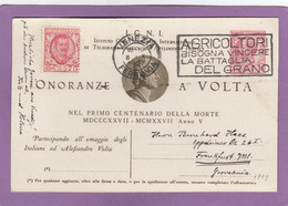 ENTIER POSTAL "FARO VOLTA" AVEC FLAMME "VENEZIA - AGRICOLTORI BISOGNA VINCERE LA BATTAGLIA DEL GRANO",1927. - Stamped Stationery