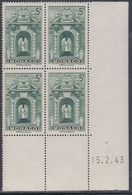 Monaco N° 260 XX Porte Du Palais: 5 F. Vert  En Bloc De 4 Coin Daté Du 15 . 2 . 43 Sans Charnière, TB - Unused Stamps