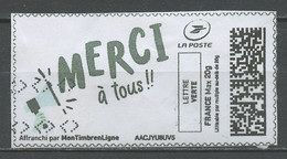 France - Frankreich Timbre Personnalisé Y&T N°MTEL LV20-069 - Michel N°BS(?) (o) - Merci à Tous - Francobolli Stampabili (Montimbrenligne)