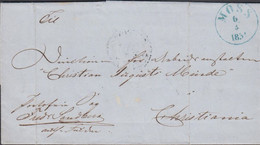 1851. NORGE. Small Cover (folds) To Christiania Cancelled In Blue MOSS 6 4 1851. Portofri Sag. Interesting... - JF427630 - ...-1855 Prefilatelia