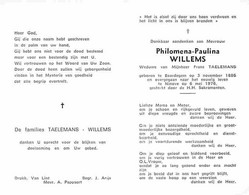 Doodsprentje Willems Philomena Paulina   	03-11-1886 Baardegem	06-05-1976 Ninove	Weduwe Van Frans Taelemans - Décès