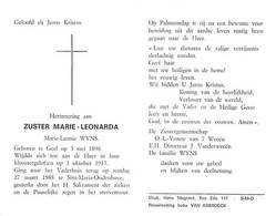 Doodsprentje Wyns Marie Leonie   	05-05-1898 Geel	27-03-1988 Sint-Maria-Oudenhove	Zuster Marie Leonarda - Overlijden