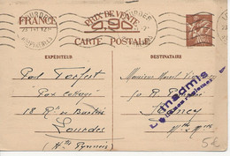 WW2 - Entier Postal IRIS INTERZONE 1941 INADMIS Libellé Non Règlementaire LOURDES Pour NANCY - Cartas & Documentos