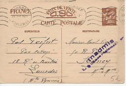 WW2 - Entier Postal IRIS INTERZONE 1941 INADMIS Libellé Non Règlementaire LOURDES Pour NANCY - Brieven En Documenten