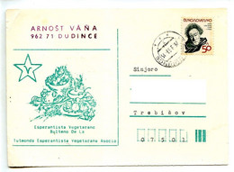 CP Tchécoslovaquie Repiquée Esperanto,végétarien,timbre Jean Cocteau Obliteré Dudince 26.9.1989 - Esperanto