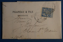 AN9 FRANCE BELLE LETTRE RARE 1893 PERFORé PF +15C SAGE+ BORDEAUX  POUR OLORON + PERFIN + AFFRANCH. PLAISANT - Other & Unclassified
