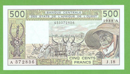 IVORY COAST W.A.S. 500 FRANCS 1988  P-106Aa  UNC - West African States