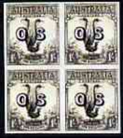 Australia 1932 Lyre Bird 1s Opt'd OS Imperf Block Of 4 Being A 'Hialeah' Reproduction On Gummed Paper (as SG O136) - Mint Stamps