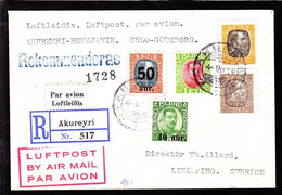 1929. Air Mail. 50 Aur On 5 Kr. Christian X And Other Stamps. AKUREYRI 4.-VII.29 + REYKJAVIK... (Michel 113+) - JF103815 - Storia Postale