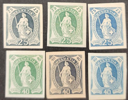 A) 1906 SWITZERLAND, HELVETIA SERIES OF 25 AND 40 FRANCO, DIFFERENT COLORS, IMPERFORATED, CARDBOARD PROOFS - Ongebruikt