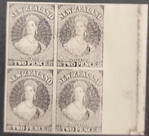 A) 1855, NEW ZEALAND, QUEEN VICTORIA - LONDON PRINT, CARDBOARD, DEATH NZ, ON BLACK, IMPERFORATED, BLOCK OF 4 - Neufs