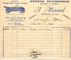 Bonneval.(Eure-et-Loir) Facture Garage Auto Cycles Et Armes A. Ménard. 1923 - Automobilismo