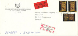 Greece Registered Cover Sent Express To Denmark 16-10-1981 Topic Stamps (sent From The Embassy Of Cyprus Athenes) - Covers & Documents