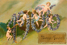 Bonne Année 1906 * CPA Illustrateur Gauffrée Embossed * Enfants Nus Bébé Nu * Dorures * Harpe - New Year