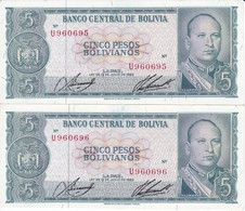 PAREJA CORRELATIVA DE BOLIVIA DE 5 BOLIVIANOS DEL AÑO 1962 SERIE U CALIDAD EBC (XF)  (BANKNOTE) - Bolivië