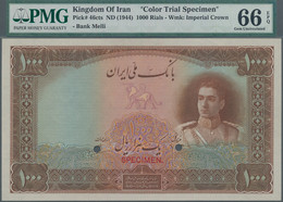 Iran: Bank Melli Iran 1000 Rials ND(1944) Color Trial Specimen, P.46cts With Punch Hole Cancellation - Iran