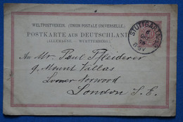 AN12 ALLEMAGNE WURTENBERG     BELLE CARTE   1879   STUTTGART POUR LONDON U.K ++ + AFFRANCH. INTERESSANT - Interi Postali