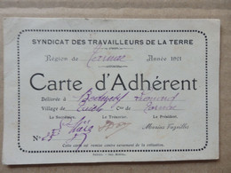 Carte D'adhérent Au Syndicat Des Travailleurs De La Terre Carnac (56) à Bodevesy Léonard En 1921. - Equitation