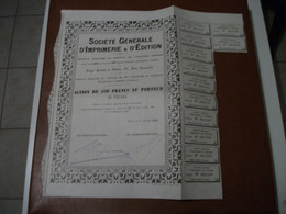 Actions - Société Générale D'Imprimerie & D'Edition à Paris (75) - 1er Janvier 1924 - Action Au Porteur - Otros & Sin Clasificación