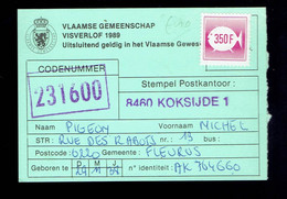 Vlaamse Gemeenschap Permis De Pêche  Viservlof  350 Frs 1989 Koksijde 03 08 89 Timbre Velghe N°2203 - 1981-1990 Velghe