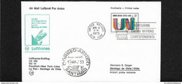 286) Busta Beleg 1° Volo Erstflug Lufthansa Frankfurt Francoforte New York Santiago De Chile 9.4.1975 Air Mail ONU UN - Storia Postale