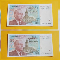 MAROC : Bank Al-Maghrib/ 2 Billets De 20 Dirhams 1996 "UNC" - Numéros De Série Consécutifs - P. 67e - Marocco