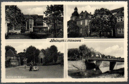 C2558 Alte MBK Ansichtskarte Löningen I. Oldenburg Schule Brücke - Gel 1957 - Loeningen