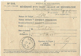 Récépissé OBJET CHARGE Ou RECOMMANDE - N° 516 - Remettre Au Déposant - Cad LAGUIOLE Aveyron 10 9 1920 - Postes - Covers & Documents