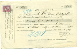 Société Belge De Libraires à Bruxelles - Reçu De La Comtesse  Auguste D'Ursel Pour Son Abonnement à "L' Ouvrier" : 1889 - 1800 – 1899