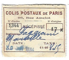 Récépissé Colis Postaux De Paris -- 30 Janvier 1934 - N° D'ordre 1344 - - Briefe U. Dokumente