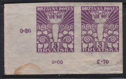 461. Yugoslavia SHS Croatia 1919 Definitive Face Value 3f Pair ERROR Imperforated MNH Michel #89 - Imperforates, Proofs & Errors