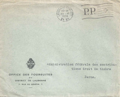 Motiv Brief  "Office Des Poursuites, District De Lausanne"  (PP-Flagge)        1938 - Covers & Documents