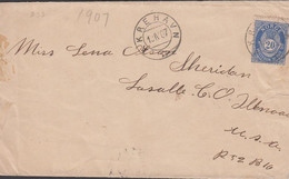 1907. NORGE.  Perf. 14½ X 13½ 20 øre On Cover (tear) To USA Cancelled AKREHAVN 13 IV 07. (Michel 57 A) - JF427699 - Lettres & Documents