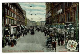 Ref 1511 - Early Postcard - Animated Market Street & Piccadilly From High Street Manchester - Manchester