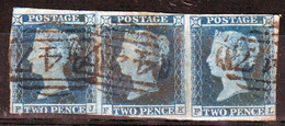 GB Queen Victoria 1841 Strip Of Three 2d Blue Stamps.  This Stamp Is In Very Fine Used Condition. - Oblitérés