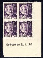 RHEINLAND-PFALZ, Mi-Nr: 5 Vv Bru VB - Karl Marx, 25.04.1947, A-Bogen, **/MNH/NSC - Coin Daté - Zona Francese