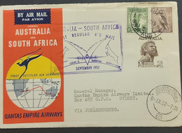 SP) 1952 AUSTRALIA, FIRST REGULAR AIR SERVICE, MAP, LINKING AUSTRALIA-SOUTH AFRICA, CIRCULATED COVER, XF - Andere & Zonder Classificatie