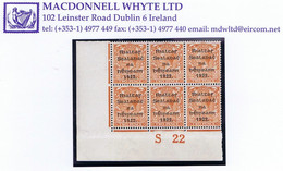 Ireland 1922 Thom Rialtas 5-line Black Overprint On 2d Orange Die2, Corner Block Of 6, Control S22 Imperf Plate 1 - Nuevos