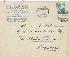 Nederlands Indië - 1932 - 15c Wilhelmina Met Scheepje, Enkelfrankering Op Cover Hotel Des Indes - Batavia Naar Singapore - India Holandeses