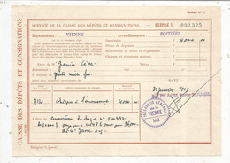 Caisse Des Dépot Et Consignations, Récépissé,Poitiers , Vienne, 1969 , Chéques à L'encaissement, Frais Fr 1.65e - 1950 - ...