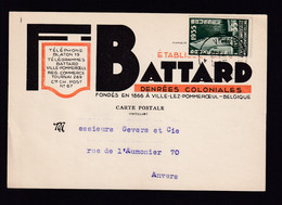 DDBB 147 - Carte Privée TP Expo VILLE POMMEROEUL 1935 Vers Anvers - Entete Ets Battard , Denrées Coloniales - Lettres & Documents
